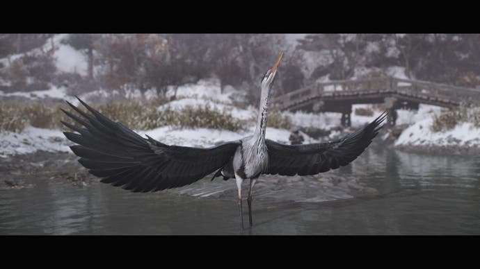 AC Shadows screenshot showing a heron taking flight from a river