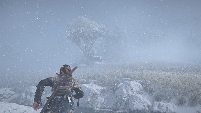 AC Shadows screenshot showing Naoe running through snowy wheat fields with a single distant tree