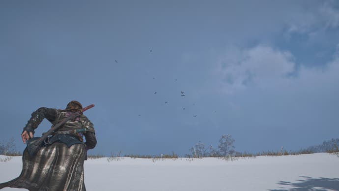 AC Shadows screenshot showing Naoe running in an empty snowy field