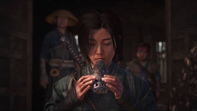 AC Shadows screenshot showing Naoe playing her wind instrument, kneeling in the foreground