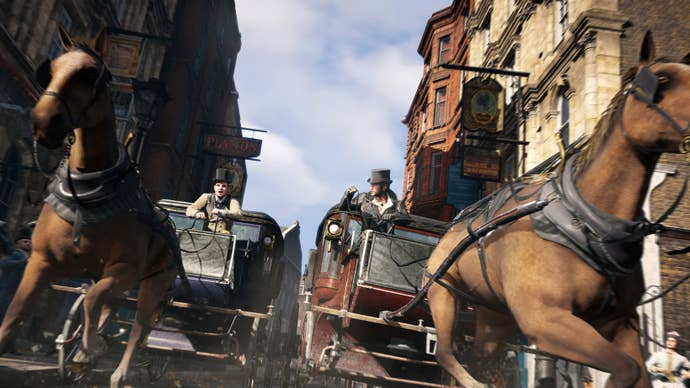 A race between horse drawn carts in Assassin’s Creed Shadows.
