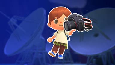 The friendly face of an Animal Crossing character holding a camera, superimposed on an image of radar dishes.