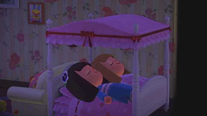 Hora de dormir en Animal Crossing: dos jugadores durmiendo en una cama con dosel