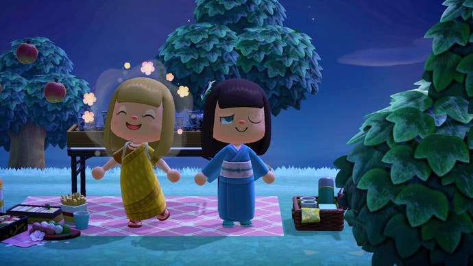 Dos jugadores disfrutando de un picnic nocturno en Animal Crossing