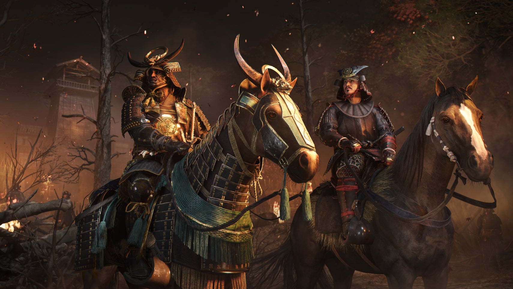 Black samurai Yasuke and Oda Nobunaga sit atop horses, watching a battle unfold in Assassin's Creed Shadows - 1