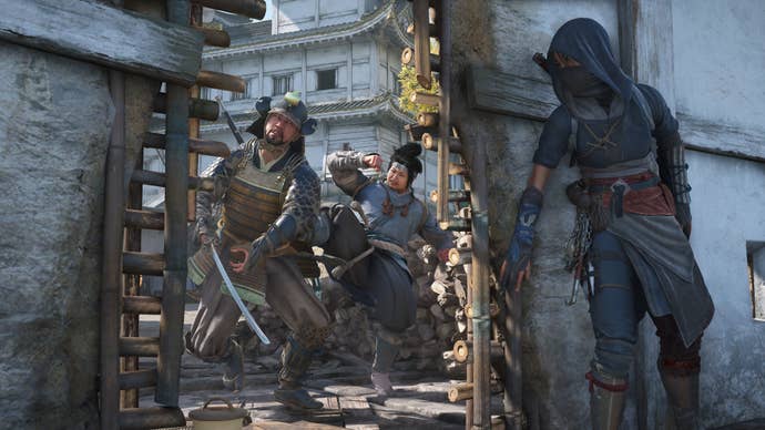 Female Shinobi Naoe watches Samurai Yasuke's Travel on Horse in Shadows of Assassin's Creed