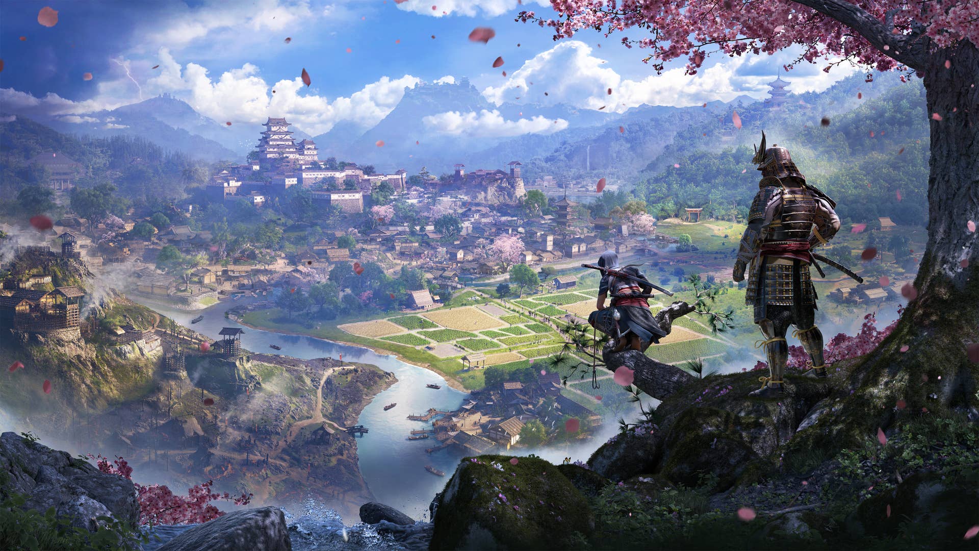 Assassin's Creed Shadows artwork showing Yasuke and Naoe overlooking a dramatic landscape.