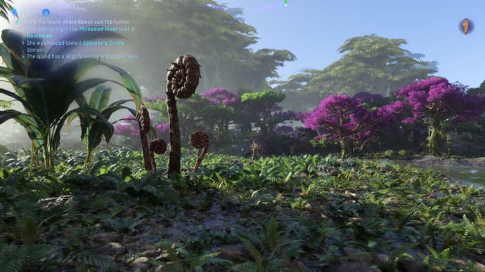 Avatar: Frontiers of Pandora screenshot showing Strange snail-like plants cluster in the foreground. Behind, are bright pink trees.