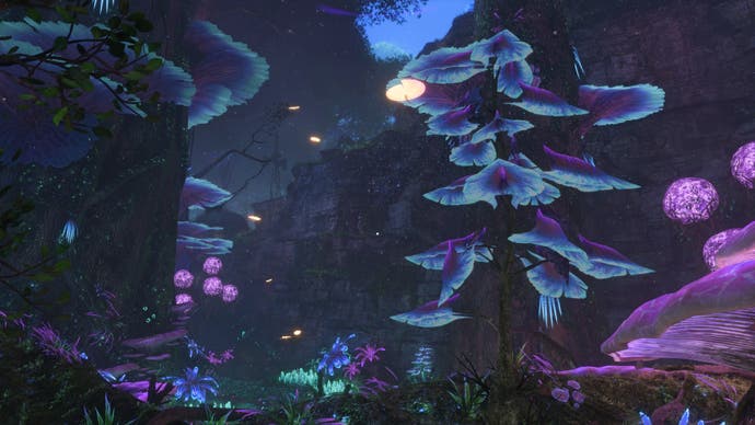 Avatar: Frontiers of Pandora screenshot showing Iridescent flora glowing mysteriously against a dark night.