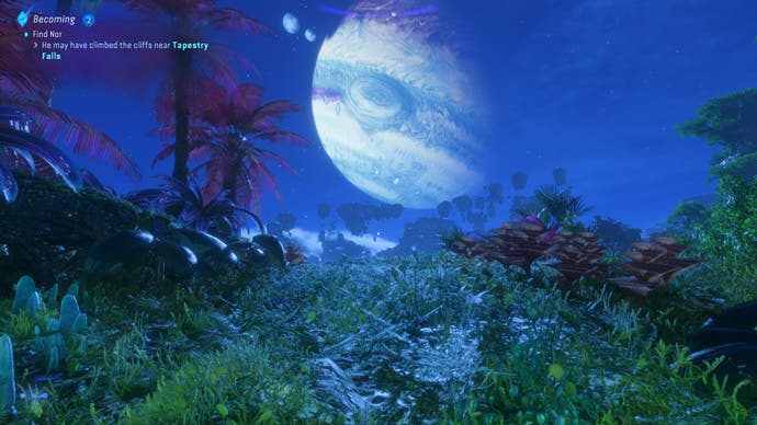 Avatar: Frontiers of Pandora screenshot showing A moonlit shot of Pandora's rocky outcrops.