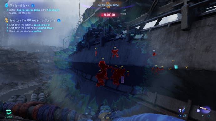 Avatar: Frontiers of Pandora screenshot showing Tag enemies in outposts. Use your Na'vi senses and they will glow even behind walls.