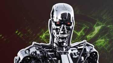 Da skeletal, metal form of tha Terminator is menacingly overlaid on top of tha 'eye' Nvidia symbol.