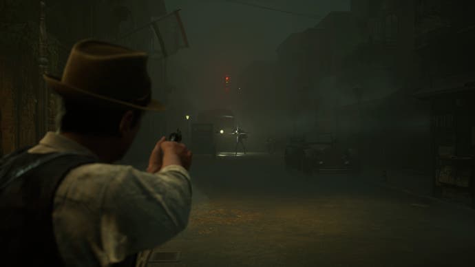 AITD_2: Carnby holds aloft his pistol. In the centre of his sights is a strange deformed creature, lit by the lamps of an abandoned vehicle.
