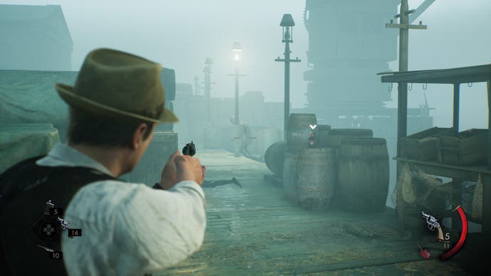 AITD_5: Carnby has another bloated figure in his sights as he stands on the foggy docks.