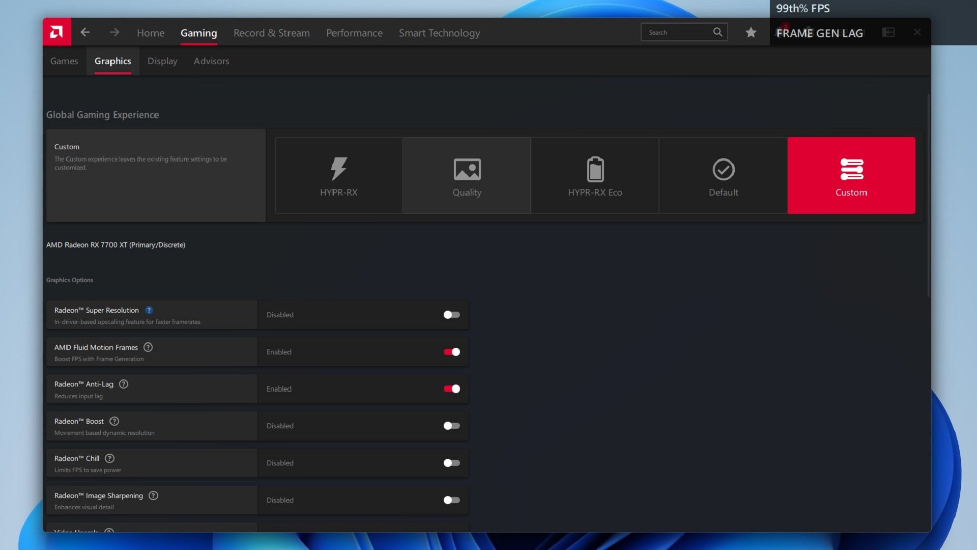 AMD's Adrenalin driver software, showing the toggle for Fluid Motion Frames. - 3