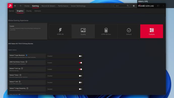 AMD’s Adrenalin driver software, showing the toggle for Fluid Motion Frames.