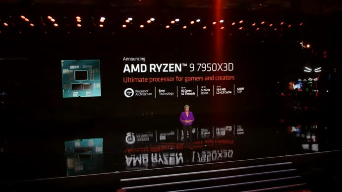 AMD’s stage show at CES 2023, showing specs for the Ryzen 9 7950X3D CPU.