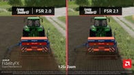 A comparison image showing AMD FSR 2.0 vs FSR 2.1 in Farming Simulator 22.