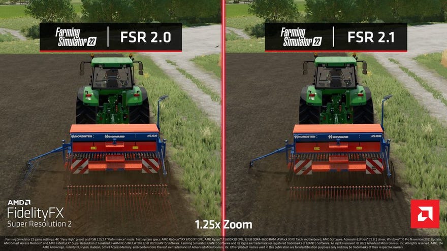 A comparison image showing AMD FSR 2.0 vs FSR 2.1 in Farming Simulator 22.
