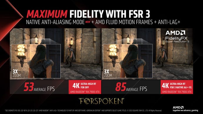 A comparison image showing apparent visual enhancements in Forspoken when using AMD FSR 3.