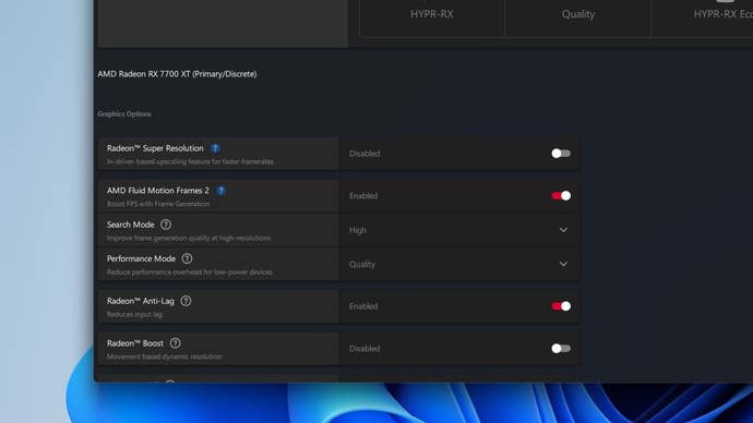 A screenshot of the AMD Adrenalin software interface showing toggles for AMD Fluid Motion Frames 2.