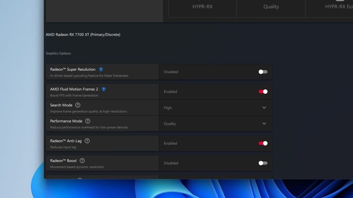 A screenshot of the AMD Adrenalin software interface showing toggles for AMD Fluid Motion Frames 2.