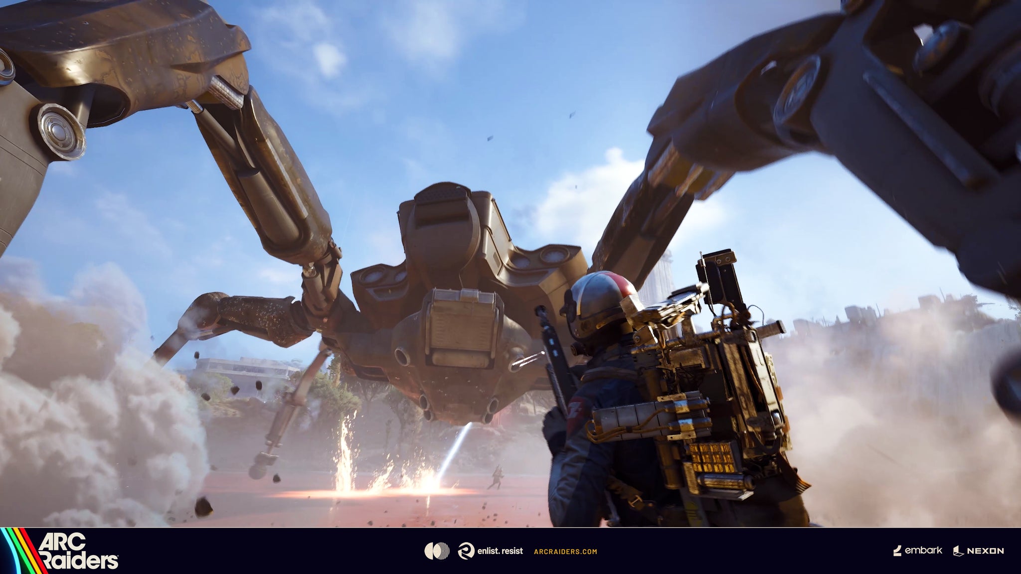 A huge multiple-legged robot looming over a gun-toting player against blue skies in Arc Raiders. - 6