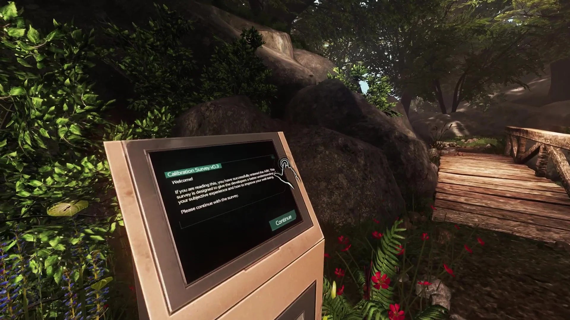 A terminal with a feedback questionnaire on a forested path inside the ARK simulation from Soma