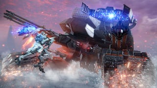 A close-up fight with a boss in Armored Core 6.