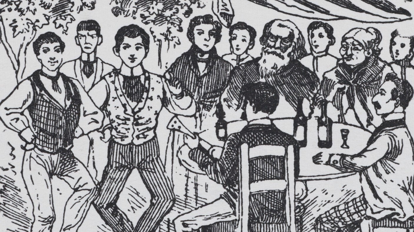 A drawing of young men dancing for a crowd of older people - 1