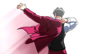 Miles Edgeworth swings on his magenta suit jacket while walking away from the camera in Ace Attorney Investigations Collection.