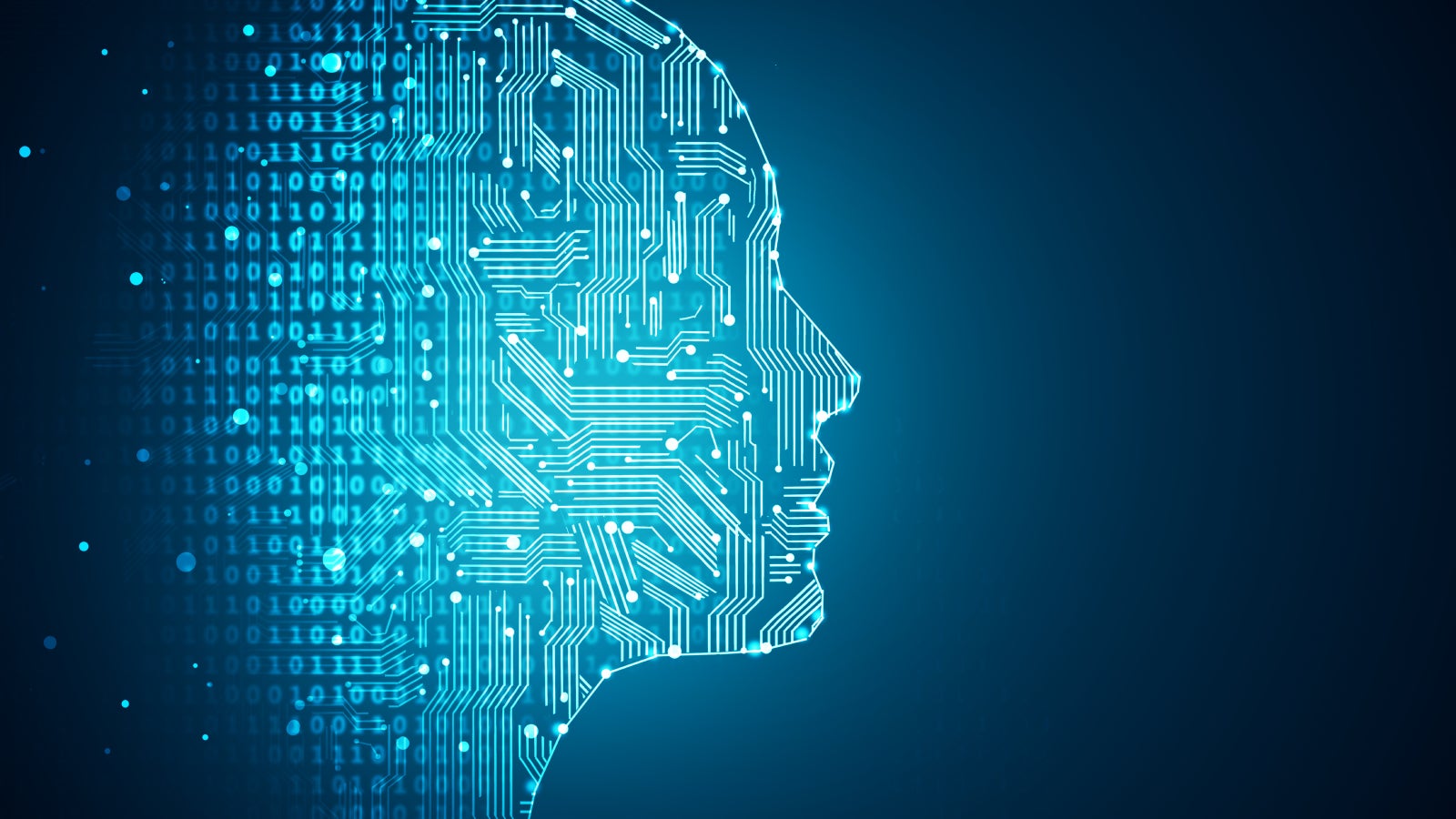 Profile view of abstract human head made of code in electric blue