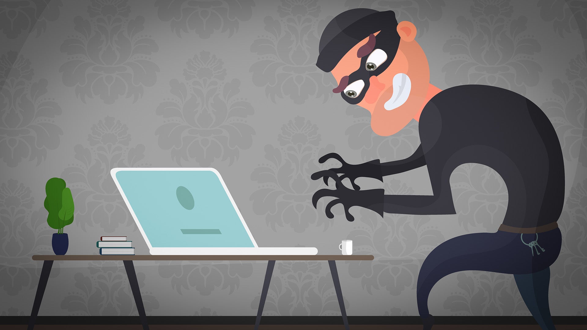A cartoonish illustration of a black-clad burglar creeping up on a laptop.