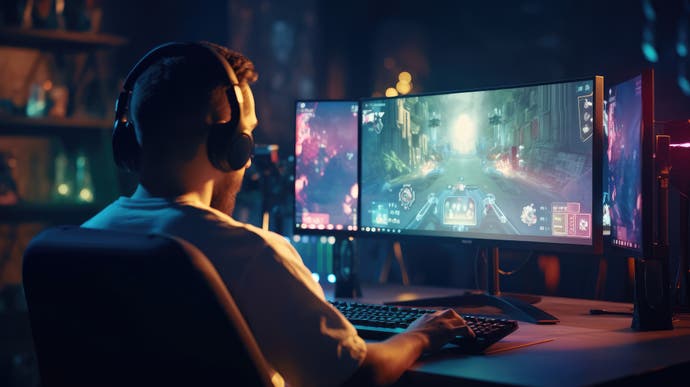 Stock image of a person in headphones playing video games across several screens