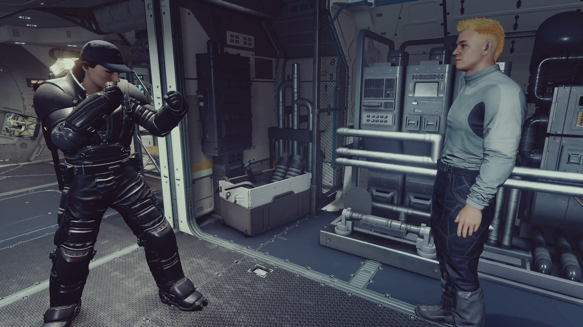 third person photo mode view of female captain with first raised at the adoring fan on a ship