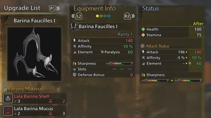 Weapon forging menu showing the Affinity stat in Monster Hunter Wilds.