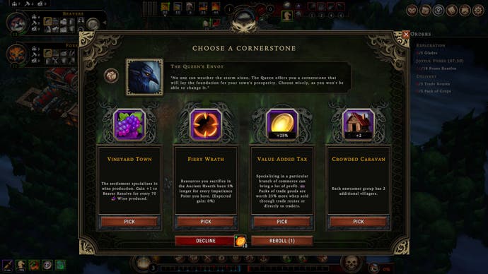 Screenshot of Against the Storm, showing a choice of four cornerstones, which are unique buffs, and the option to re-roll or decline them for gold.