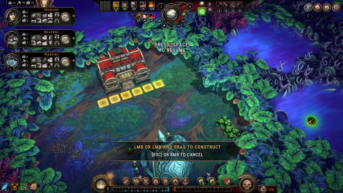 Screenshot of Against the Storm, showing glowing tiles where a path is about to be built in a default settlement with only a hearth and warehouse