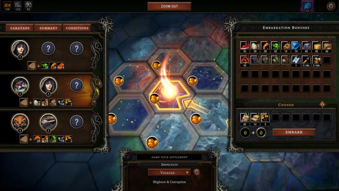 Screenshot of Against the Storm, showing the embarkation screen where you can select your caravan of starting settlers and buy various resource bonuses