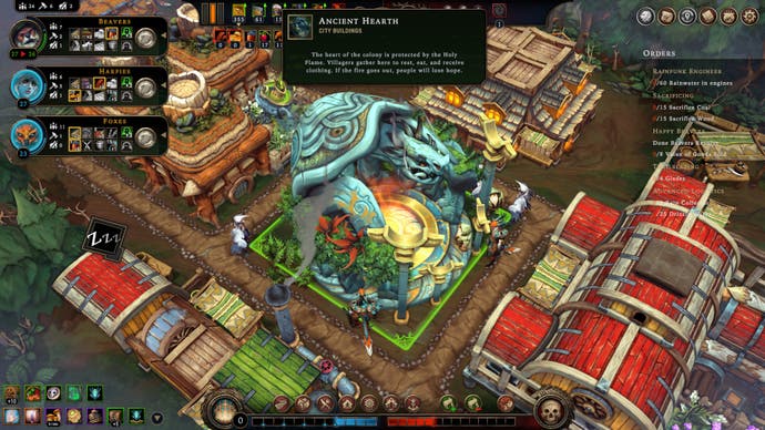 Screenshot of Against the Storm, showing a large decorated hearth at the centre of a settlement, with a tooltip explaining its importance