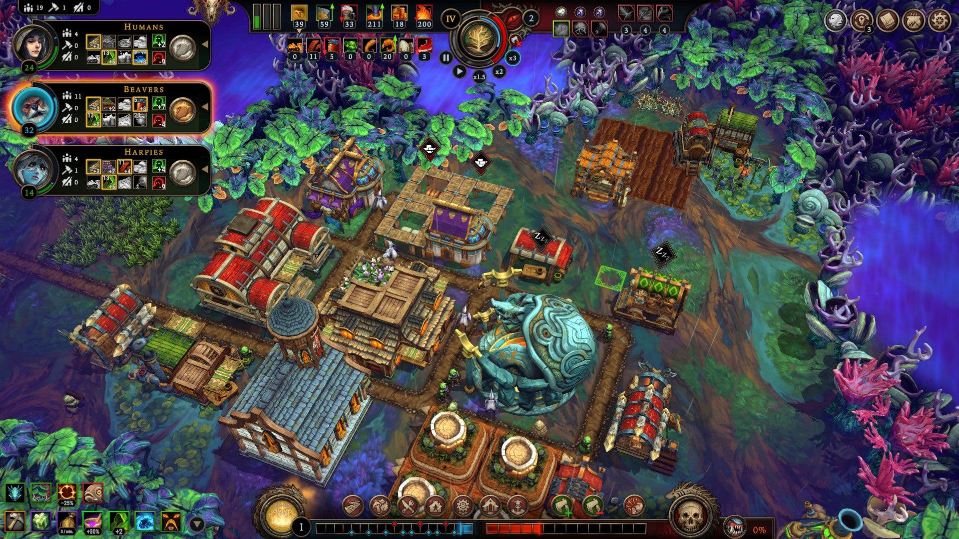 Screenshot of Against the Storm, showing a partially constructed settlement in an surreal-coloured forest.