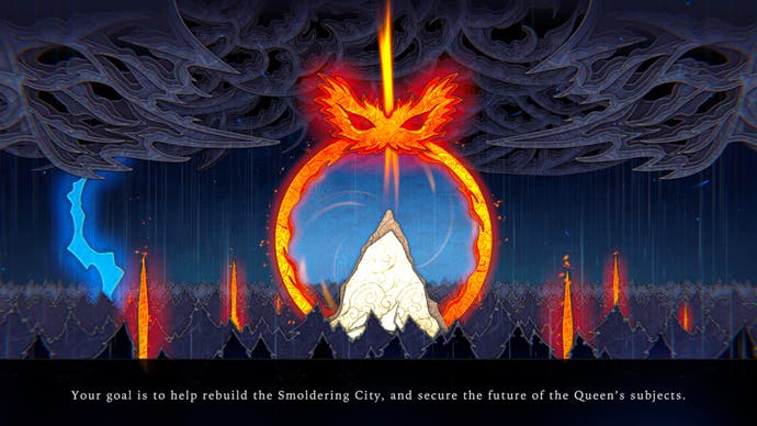 Screenshot of Against the Storm, showing a stylised illustration of the world, and captioned ‘Your goal is to help rebuilt the Smoldering City, and secure the future of the Queen’s subjects.’
