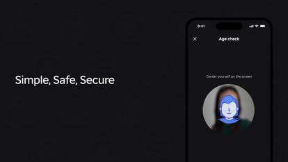 Roblox video screenshot showing Age Estimation technology on a mobile device with the words "simple, safe, secure"