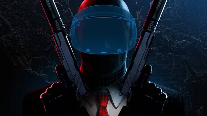 Agent 47 holds two guns while wearing a VR headset in Hitman World of Assassination PS VR2 promo image