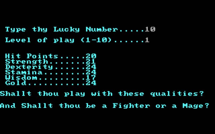 The character creation screen in 1979’s RPG Akalabeth: World Of Doom, a screen of turquoise text on black, with remarkably few options