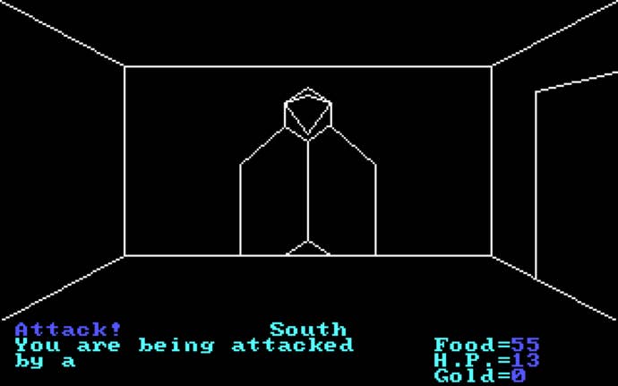 Fighting a thief in a wireframe dungeon in 1979’s Akalabeth: World Of Doom