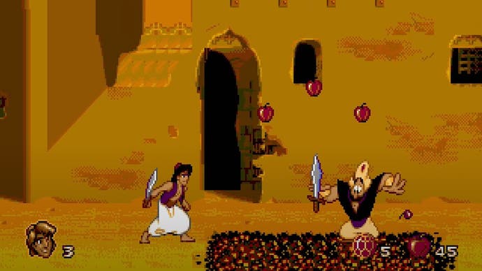 Aladdin facing a guard in the Mega Drive version of the game, running on the Nintendo Switch.