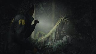 main character saga anderson in an fbi jacket shining her flashlight into the woods with wooden symbols hanging from trees