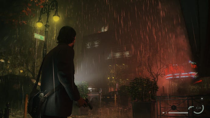 Alan walks the streets of a nightmarish Dark Place version of New York in Alan Wake 2.