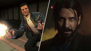 A split image featuring images from live-action element of Alan Wake 2, and a screenshot from the remastered Max Payne project
